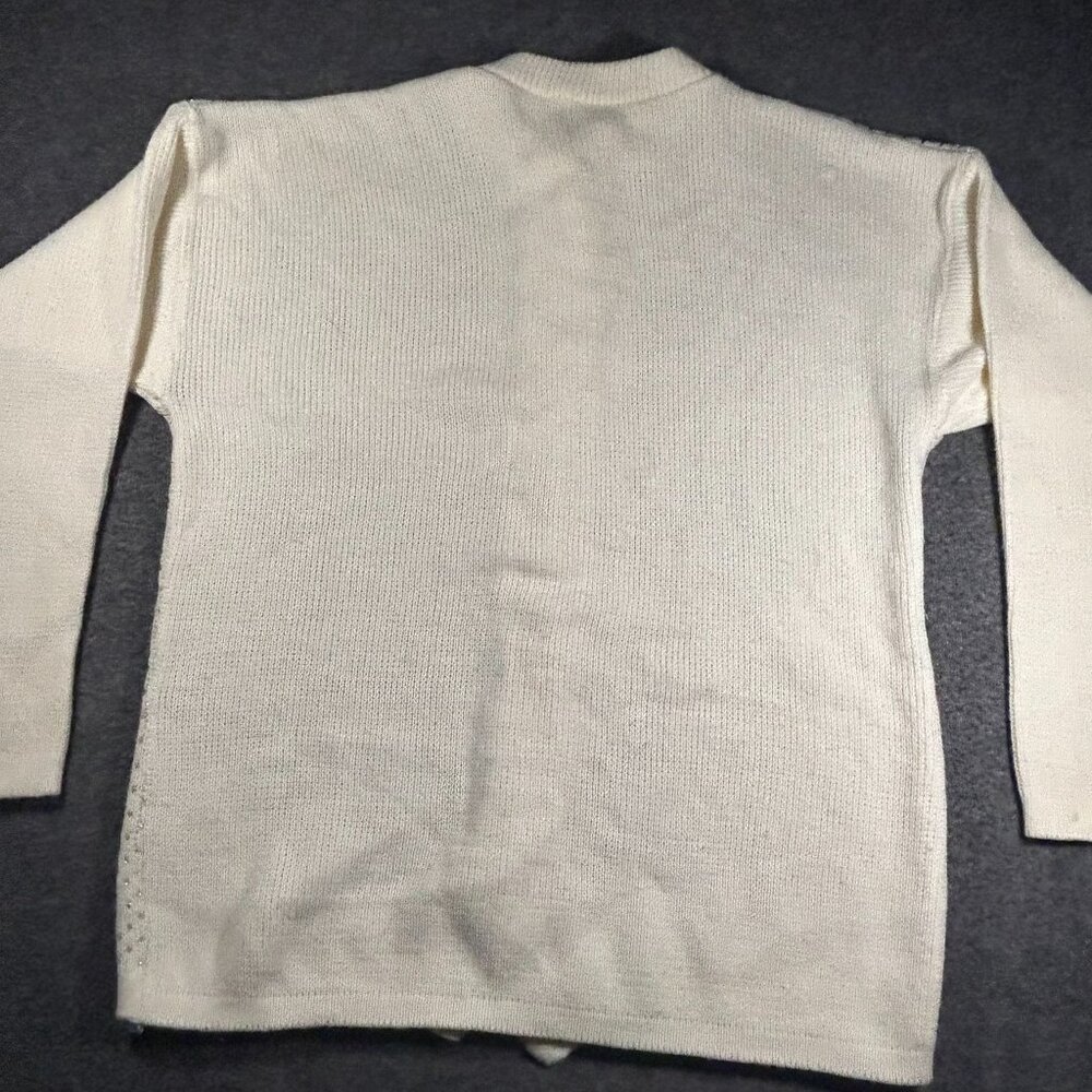 Vintage Cream Metallic Long‎ Sleeve Cardigan Sweater Gold Bow Holiday Pearl - Picture 15 of 15